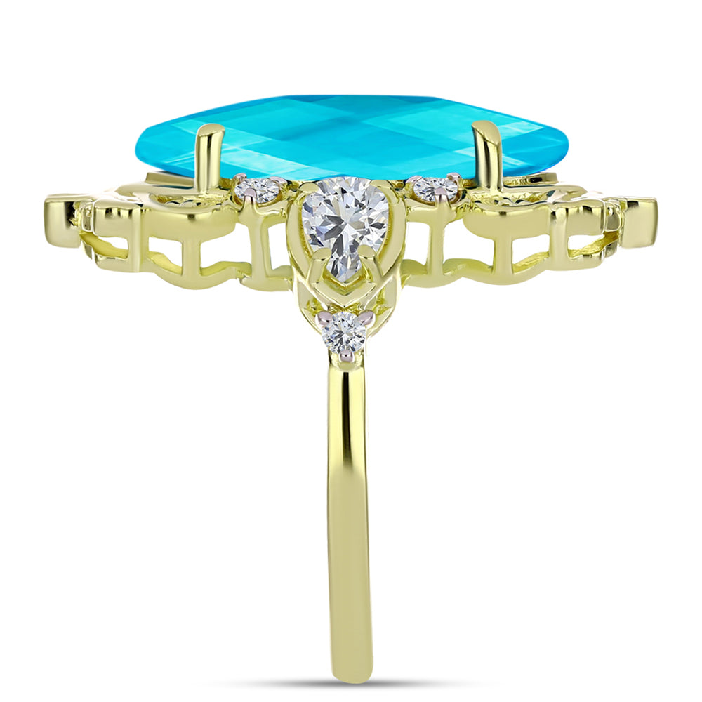 Anel de Prata com Banho de Ouro com Jade Azul e Topázio Branco  Contraste: Cabeca de Veado (800) 4 