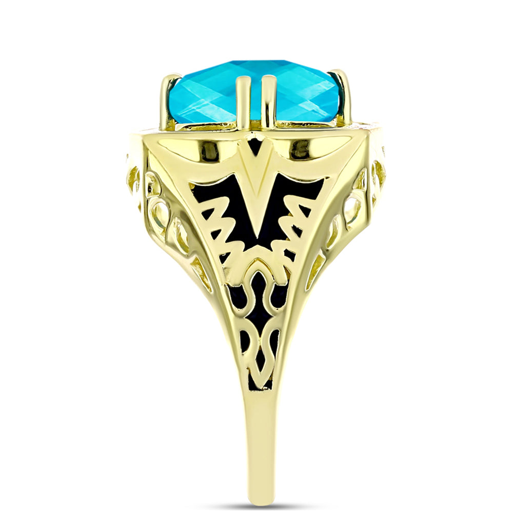 Anel de Prata com Banho de Ouro com Jade Azul  Contraste: Cabeca de Veado (800)