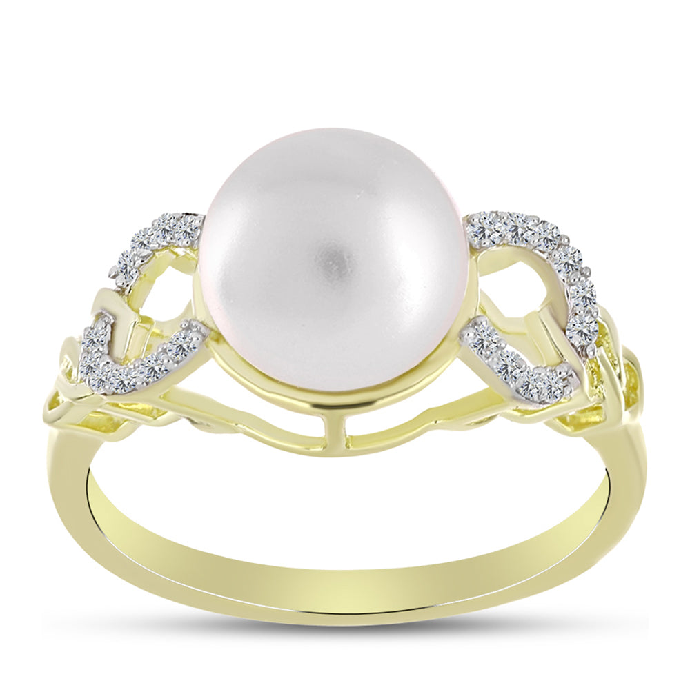 Anel de Prata com Banho de Ouro com Pérola Branca de Água Doce e Topázio Branco  Contraste: Cabeca de Veado (800) 3 