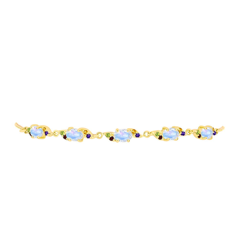 Pulseira de Prata com Banho de Ouro com Pedra da Lua Arco-íris e Ametista de Marrocos  Contraste: Cabeca de Veado (800)