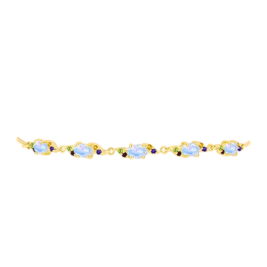 Pulseira de Prata com Banho de Ouro com Pedra da Lua Arco-íris e Ametista de Marrocos  Contraste: Cabeca de Veado (800)