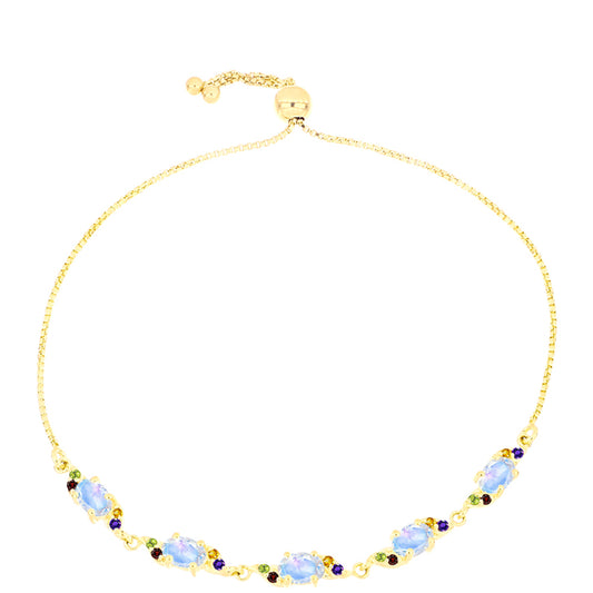 Pulseira de Prata com Banho de Ouro com Pedra da Lua Arco-íris e Ametista de Marrocos  Contraste: Cabeca de Veado (800)