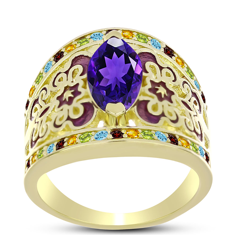 Anel de Prata com Banho de Ouro com Ametista de Marrocos e Citrino de Ural  Contraste: Cabeca de Veado (800)