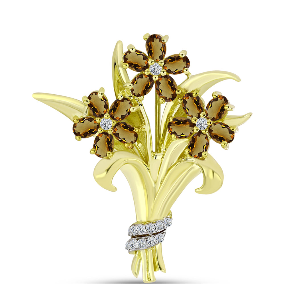 Alfinete de Prata com Banho de Ouro com Quartzo Cognac e Topázio Branco  Contraste: Cabeca de Veado (800)