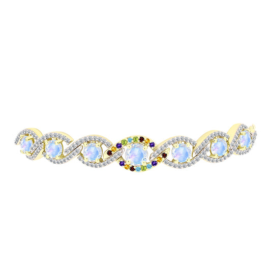 Pulseira de Prata com Banho de Ouro com Pedra da Lua Arco-íris e Citrino de Ural  Contraste: Cabeca de Veado (800)