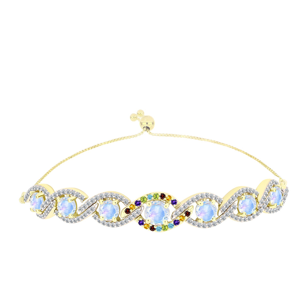 Pulseira de Prata com Banho de Ouro com Pedra da Lua Arco-íris e Citrino de Ural  Contraste: Cabeca de Veado (800)