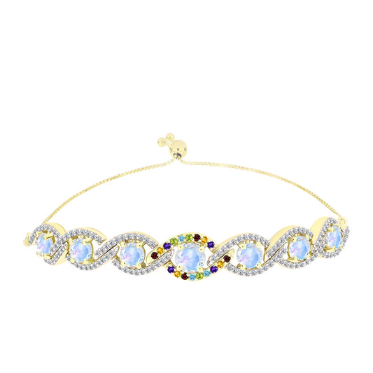 Pulseira de Prata com Banho de Ouro com Pedra da Lua Arco-íris e Citrino de Ural  Contraste: Cabeca de Veado (800)