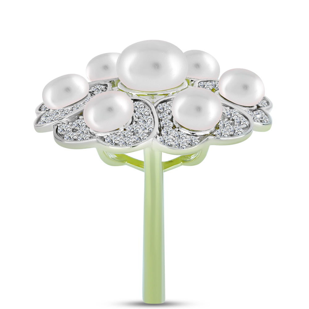 Anel de Prata com Banho de Ouro com Pérola Branca de Água Doce e Topázio Branco  Contraste: Cabeca de Veado (800)
