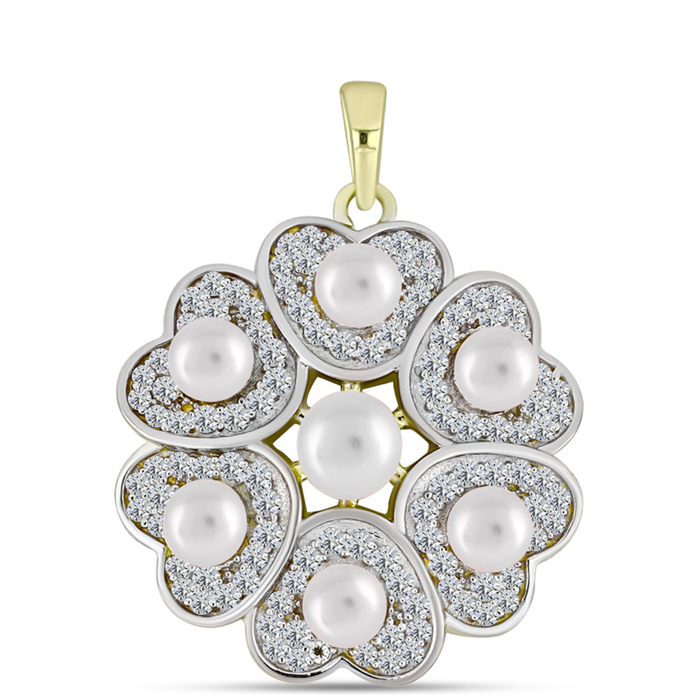Pendente de Prata com Banho de Ouro com Pérola Branca de Água Doce e Topázio Branco  Contraste: Cabeca de Veado (800)