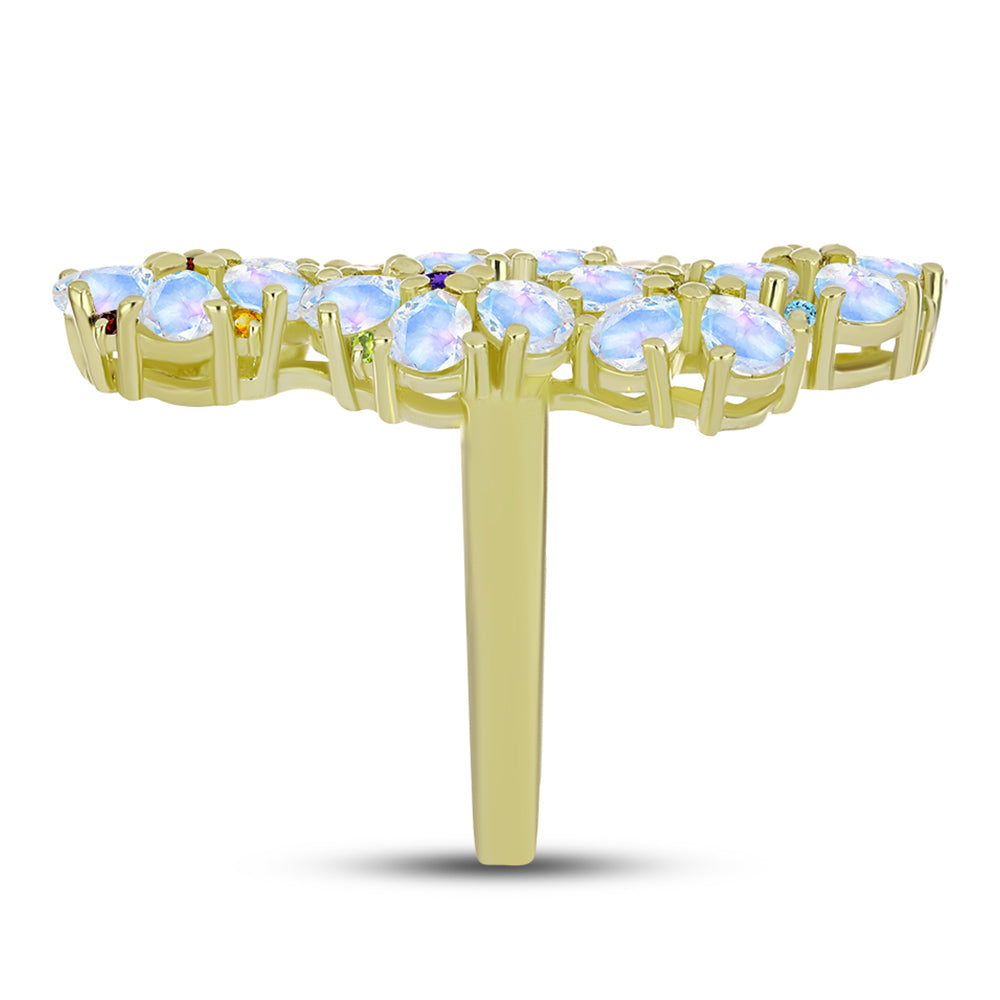 Anel de Prata com Banho de Ouro com Pedra da Lua Arco-íris e Ametista de Marrocos  Contraste: Cabeca de Veado (800) 4 
