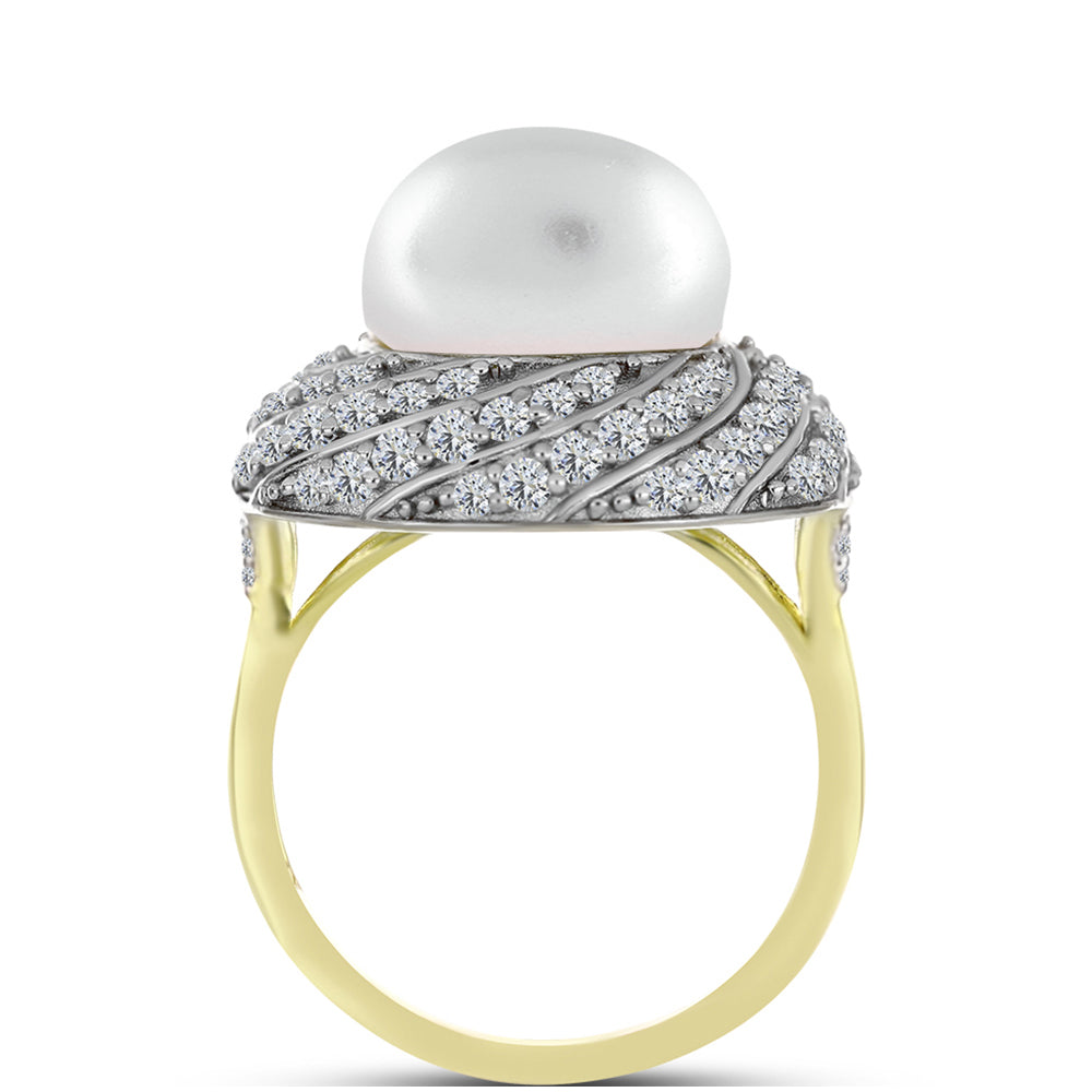 Anel de Prata com Banho de Ouro com Pérola Branca de Água Doce e Topázio Branco  Contraste: Cabeca de Veado (800) 2 