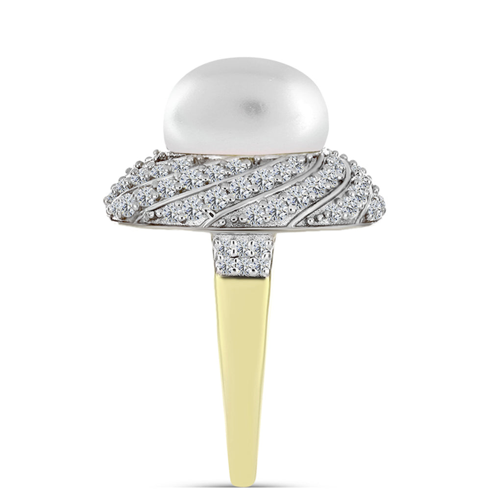 Anel de Prata com Banho de Ouro com Pérola Branca de Água Doce e Topázio Branco  Contraste: Cabeca de Veado (800) 4 