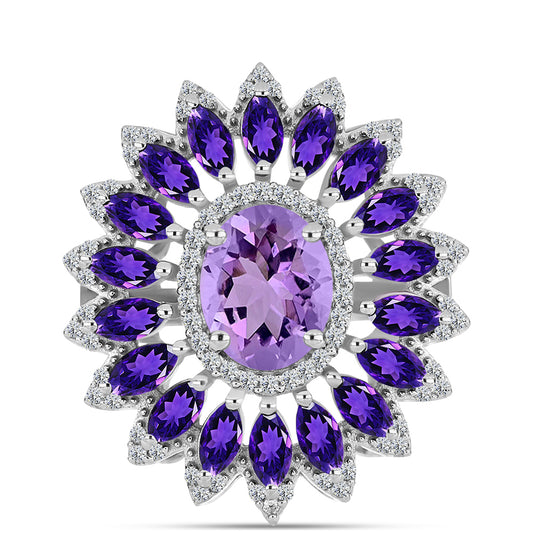 Anel de Prata com Ametista Rosa de França e Ametista de Artigas  Contraste: Cabeca de Veado (800)