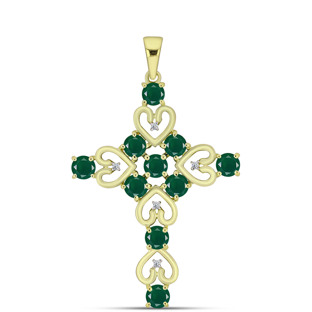 Cruz Pendente de Prata com Banho de Ouro com Ágata Verde e Topázio Branco  Contraste: Cabeca de Veado (800)