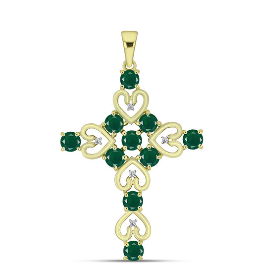 Cruz Pendente de Prata com Banho de Ouro com Ágata Verde e Topázio Branco  Contraste: Cabeca de Veado (800)