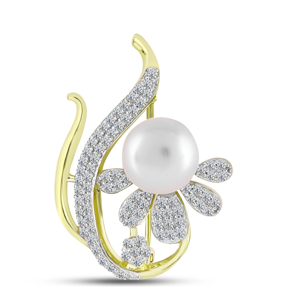 Alfinete de Prata com Banho de Ouro com Pérola Branca de Água Doce e Topázio Branco  Contraste: Cabeca de Veado (800) 1 