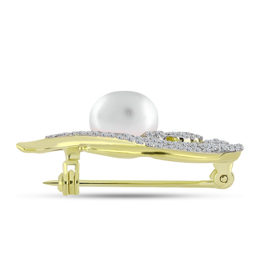 Alfinete de Prata com Banho de Ouro com Pérola Branca de Água Doce e Topázio Branco  Contraste: Cabeca de Veado (800)