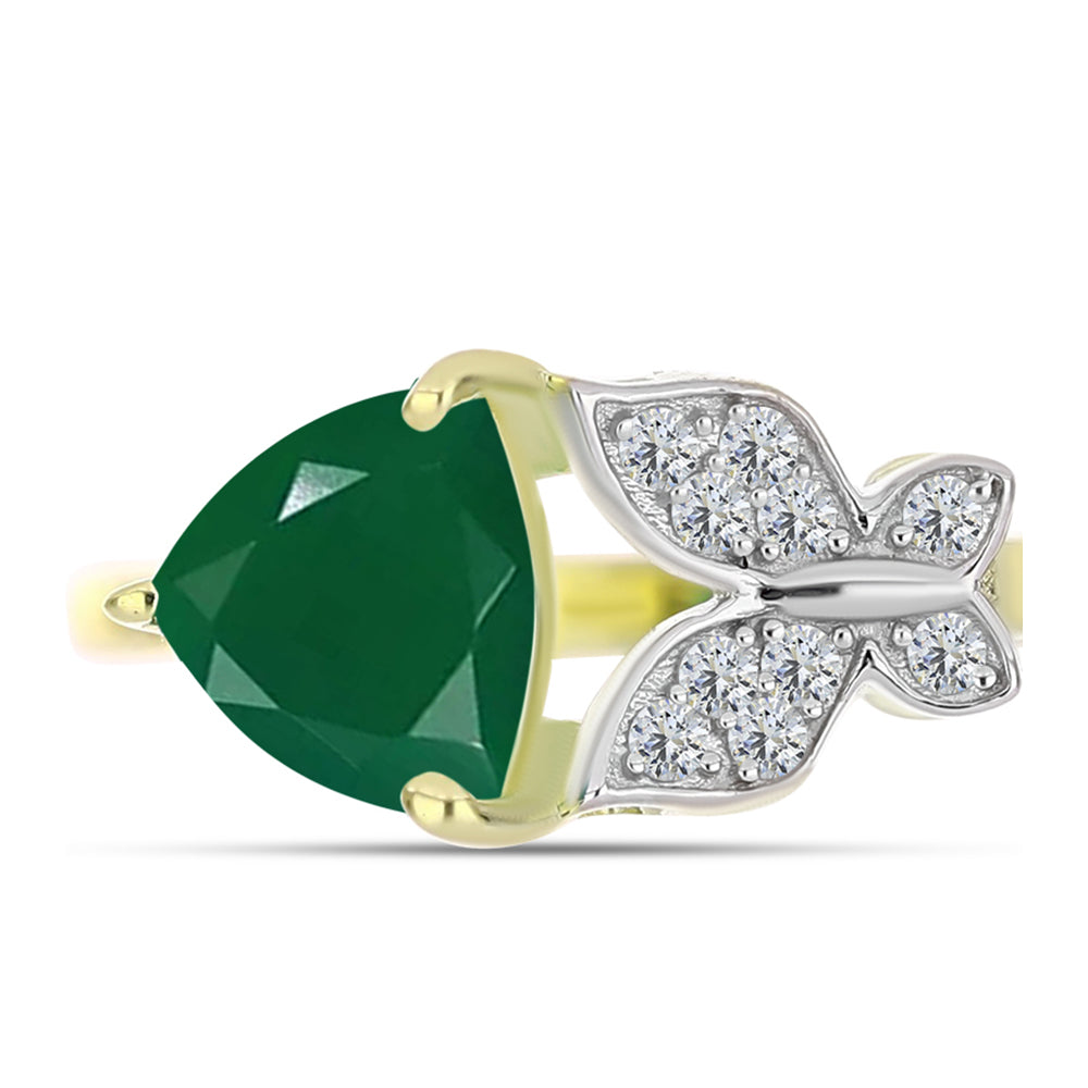 Anel de Prata com Banho de Ouro com Ágata Verde e Topázio Branco