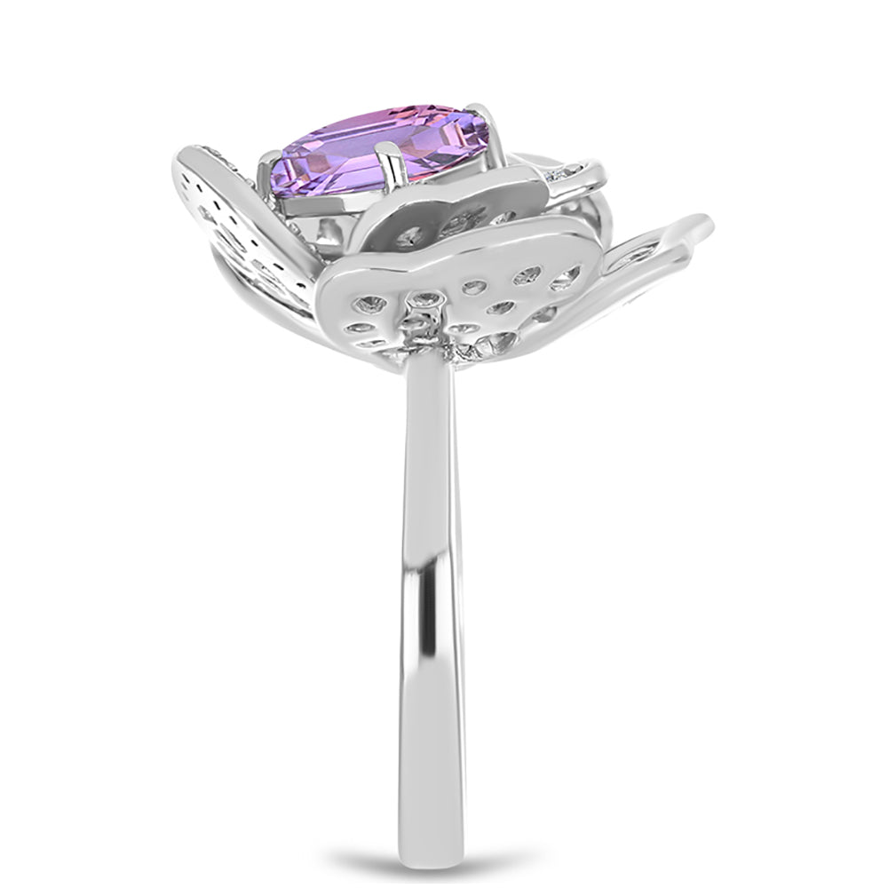 Anel de Prata com Ametista Rosa de França e Topázio Branco  Contraste: Cabeca de Veado (800)