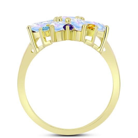 Anel de Prata com Banho de Ouro com Pedra da Lua Arco-íris e Citrino de Ural  Contraste: Cabeca de Veado (800)