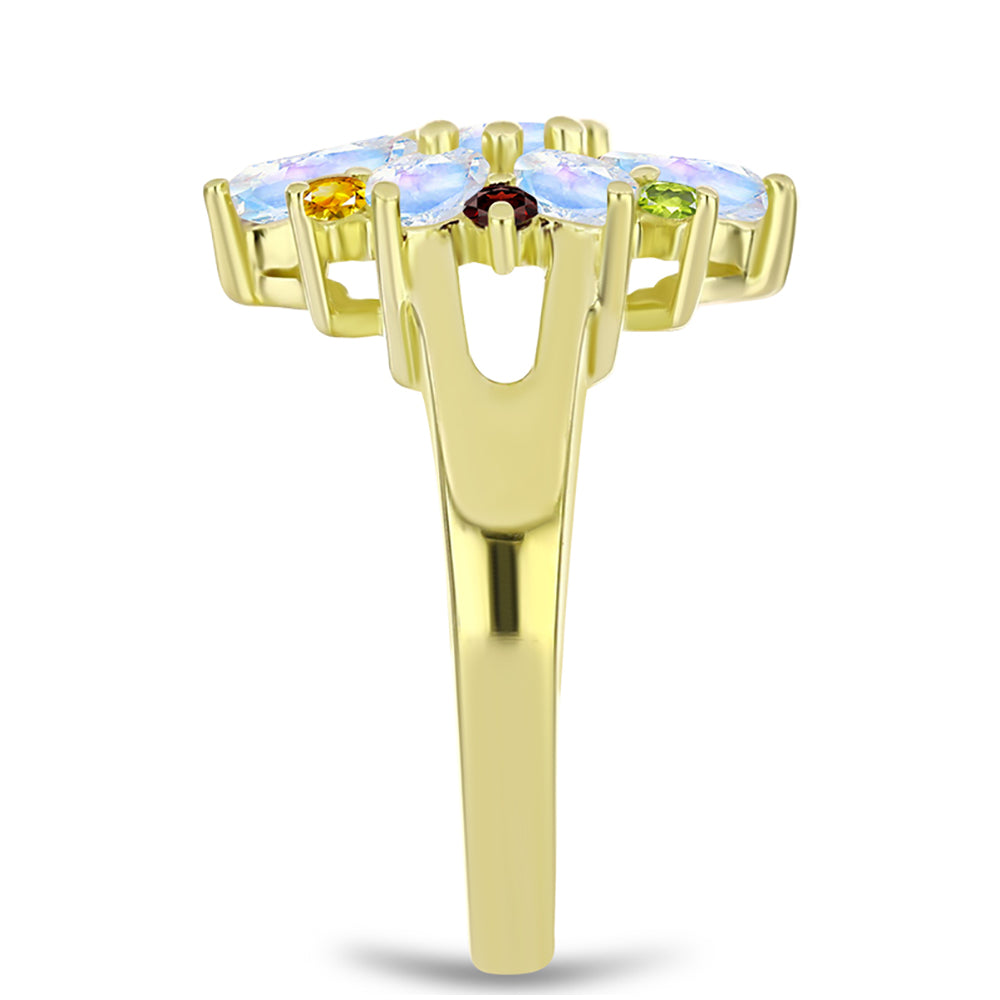 Anel de Prata com Banho de Ouro com Pedra da Lua Arco-íris e Citrino de Ural  Contraste: Cabeca de Veado (800)