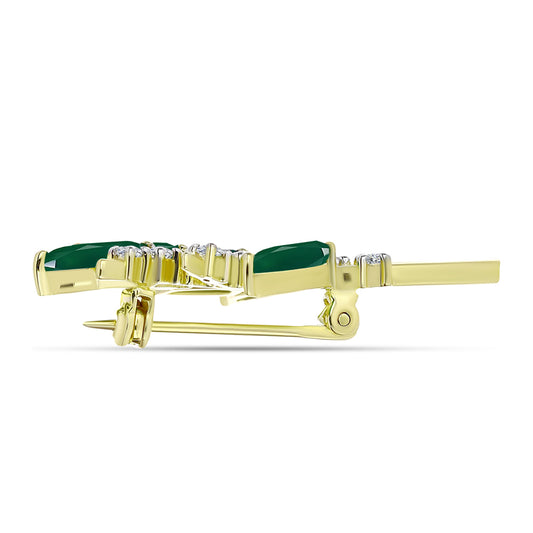 Alfinete de Prata com Banho de Ouro com Ágata Verde e Topázio Branco  Contraste: Cabeca de Veado (800)