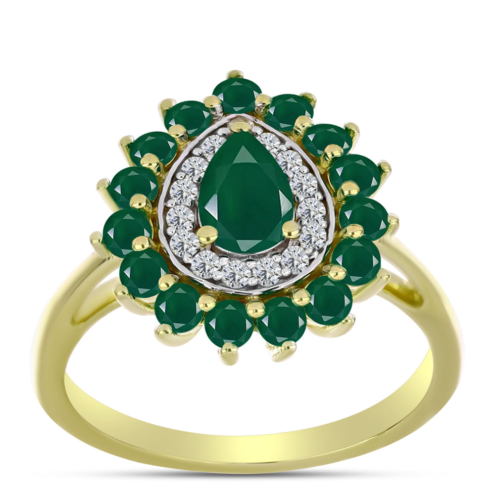 Anel de Prata com Banho de Ouro com Ágata Verde e Topázio Branco  Contraste: Cabeca de Veado (800)