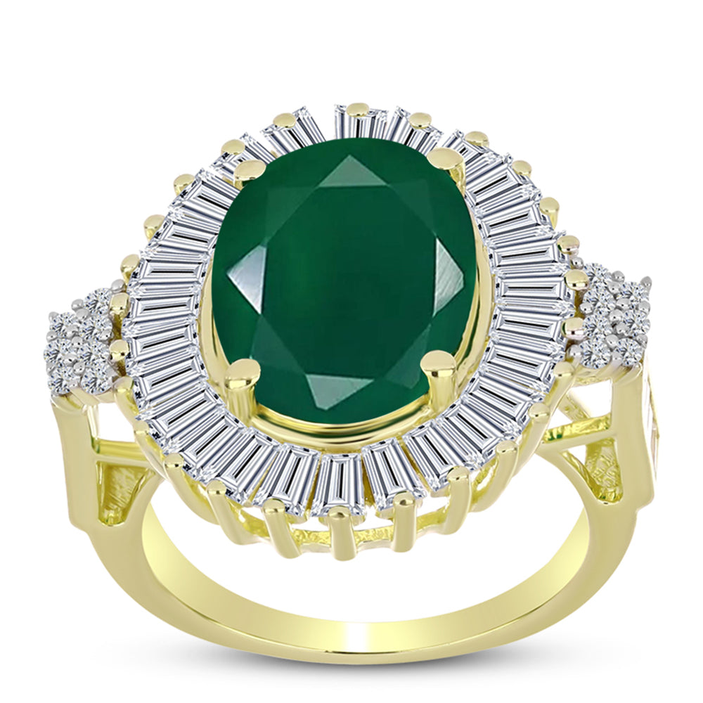 Anel de Prata com Banho de Ouro com Ágata Verde e Zircão Branco  Contraste: Cabeca de Veado (800)