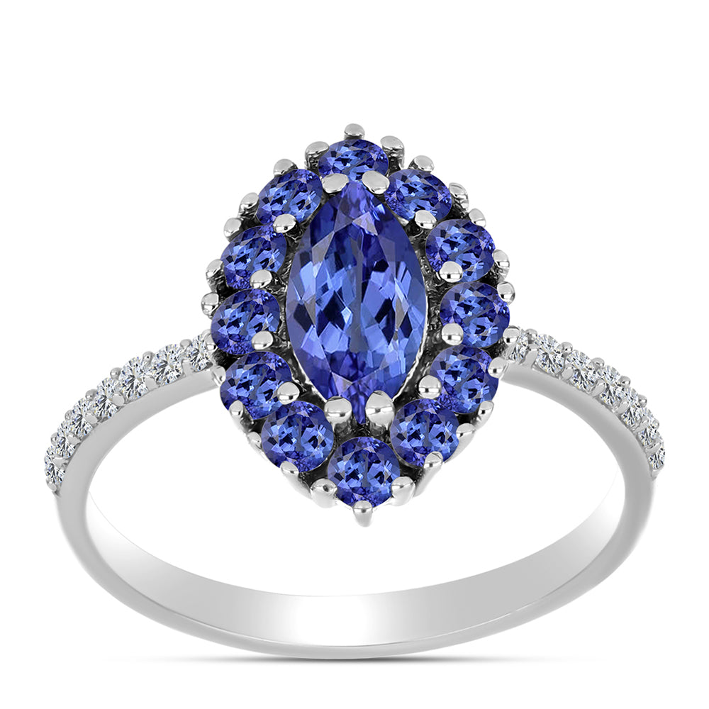 Anel de Prata com Tanzanite AAA e Diamante Branco