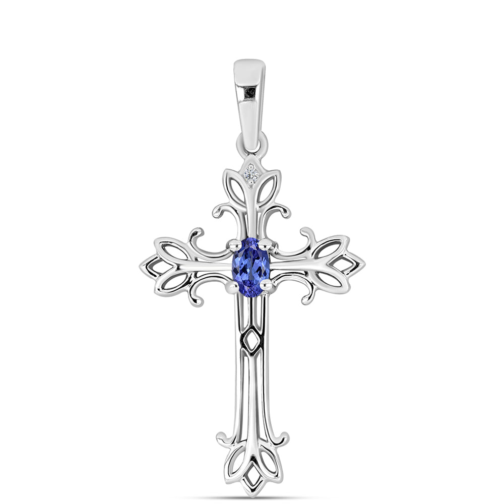 Cruz Pendente de Prata com Tanzanite AAA e Diamante Branco 1 