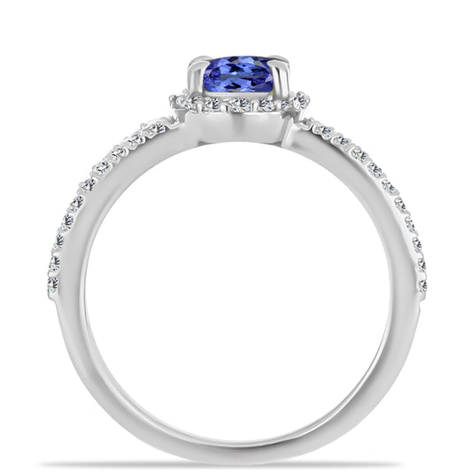 Anel de Prata com Tanzanite AAA e Diamante Branco  Contraste: Cabeca de Veado (800)