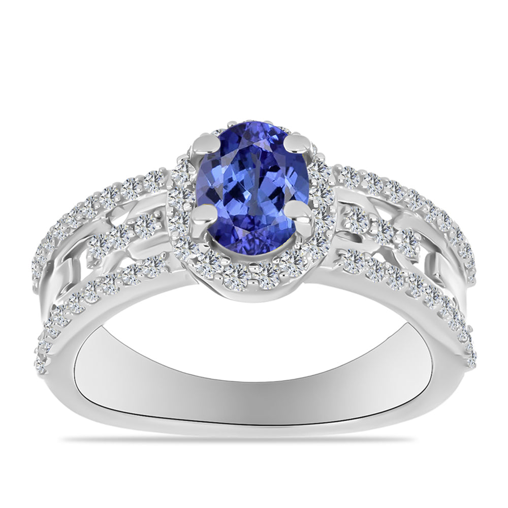 Anel de Prata com Tanzanite AAA e Diamante Branco  Contraste: Cabeca de Veado (800)