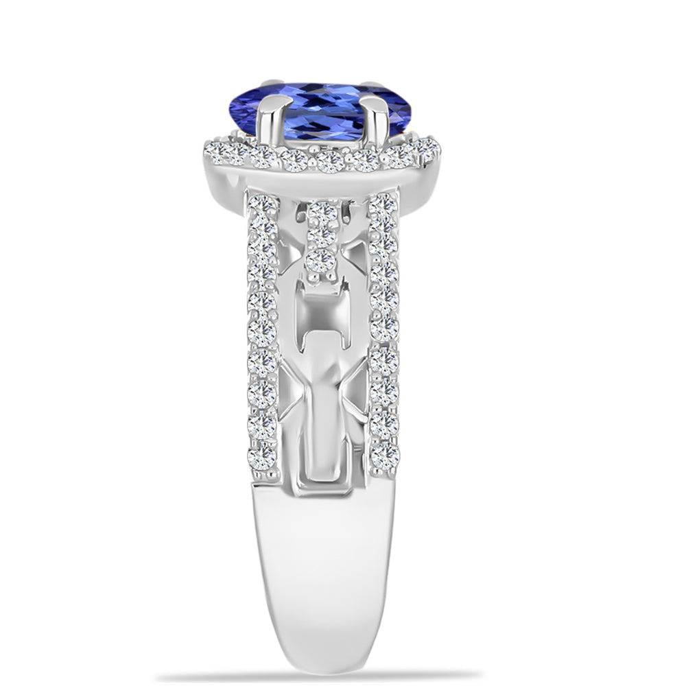 Anel de Prata com Tanzanite AAA e Diamante Branco  Contraste: Cabeca de Veado (800)