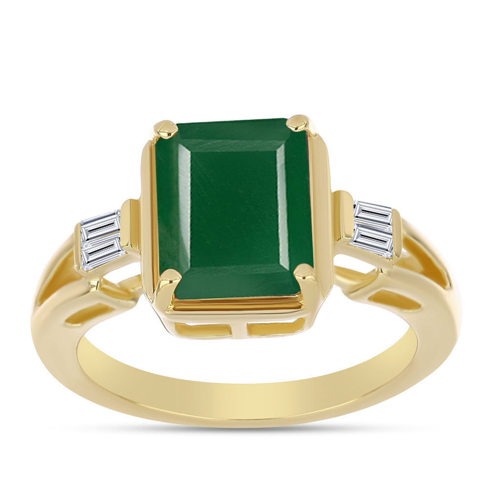 Anel de Prata com Banho de Ouro com Ágata Verde e Zircão Branco  Contraste: Cabeca de Veado (800)