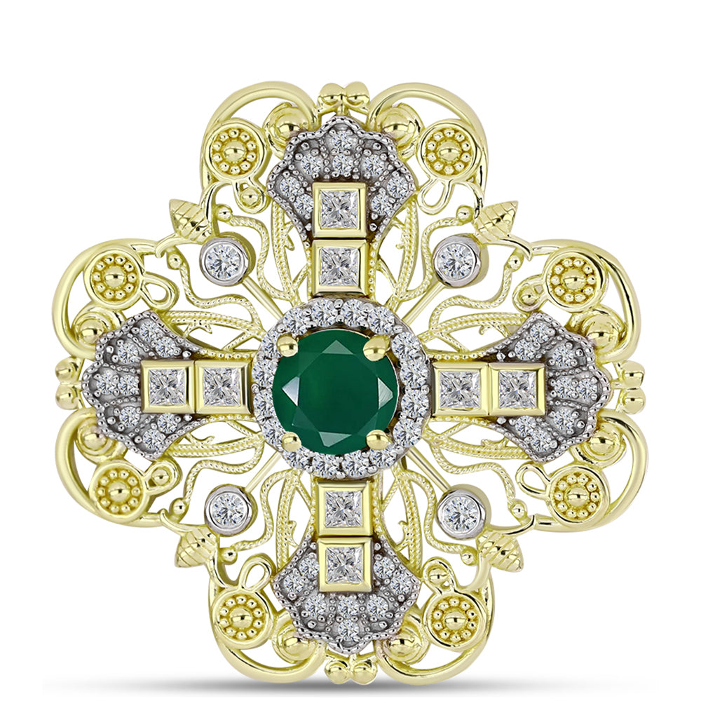 Alfinete de Prata com Banho de Ouro com Ágata Verde e Topázio Branco  Contraste: Cabeca de Veado (800) 1 
