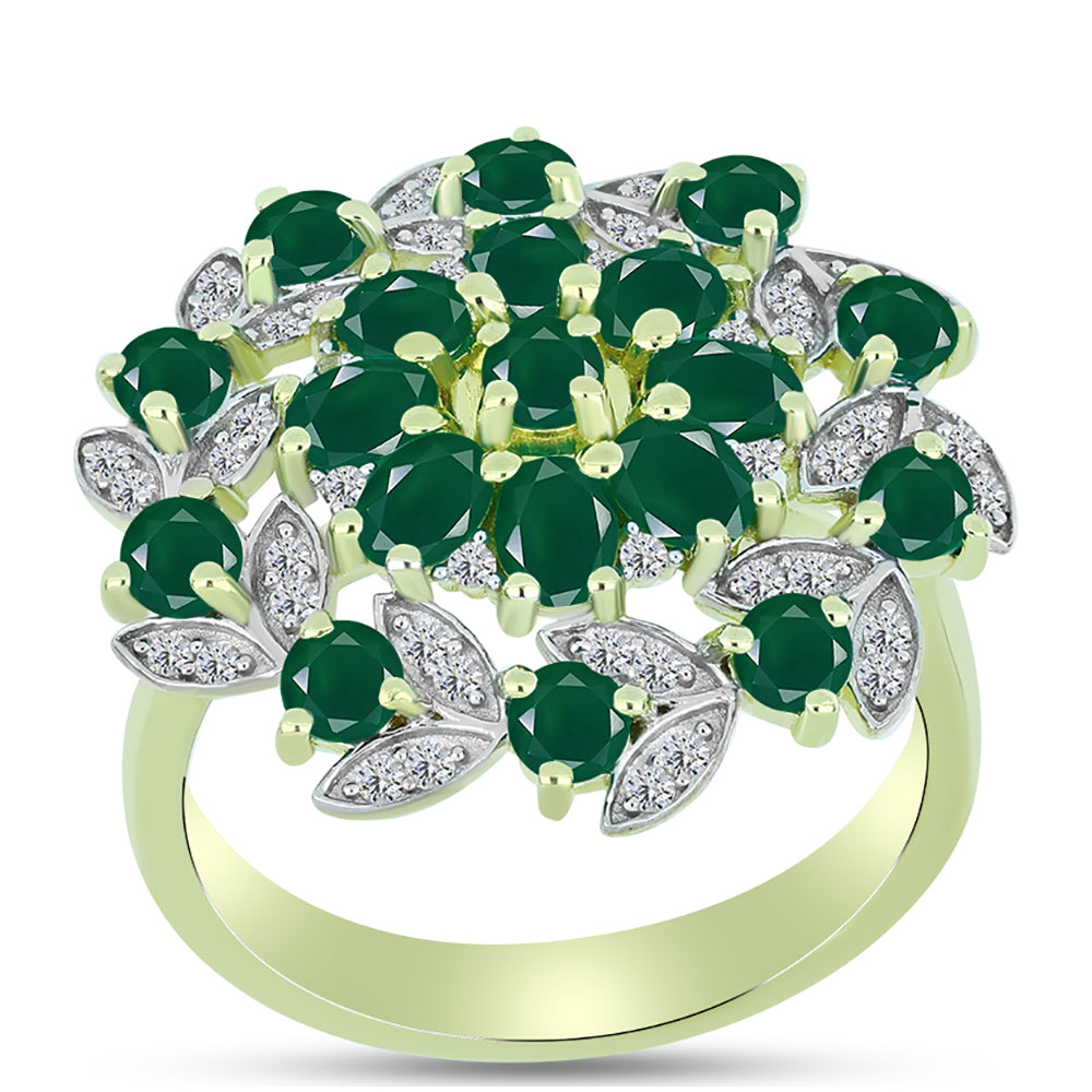 Anel de Prata com Banho de Ouro com Ágata Verde e Topázio Branco  Contraste: Cabeca de Veado (800)