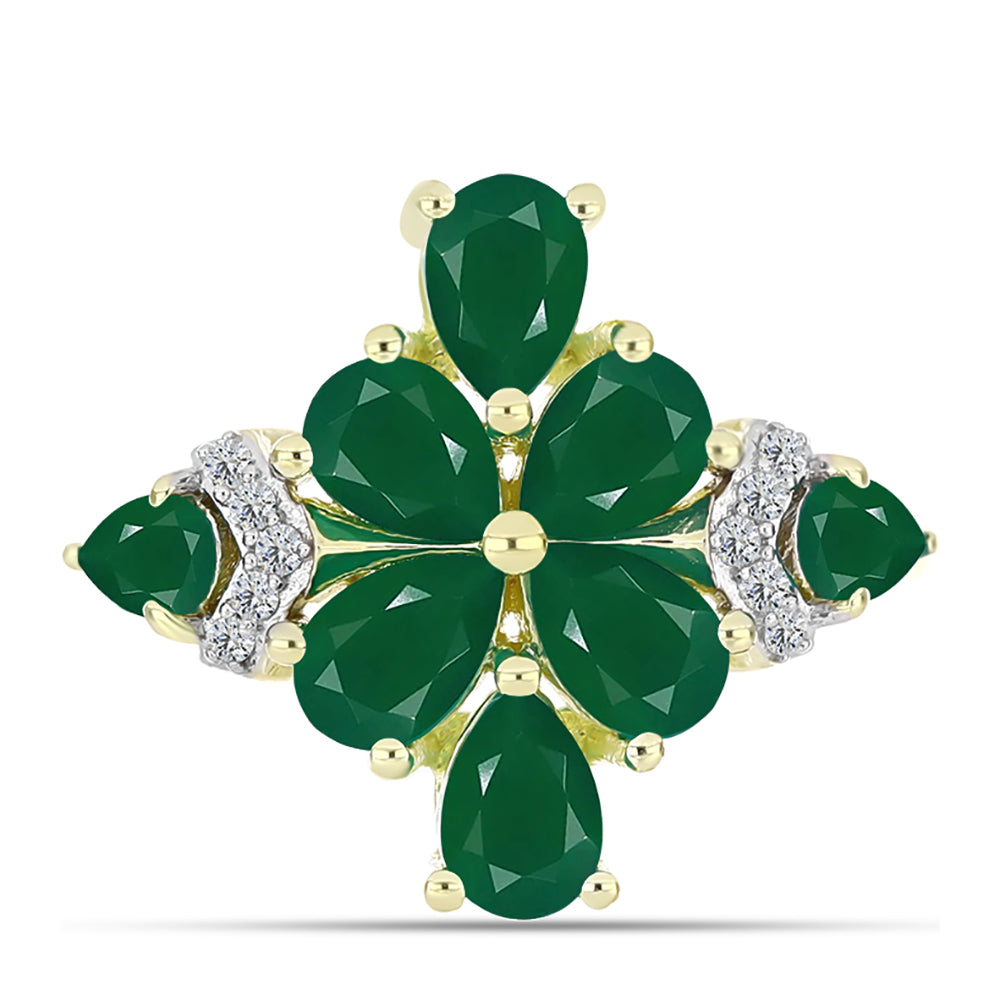 Anel de Prata com Banho de Ouro com Ágata Verde e Topázio Branco  Contraste: Cabeca de Veado (800) 1 