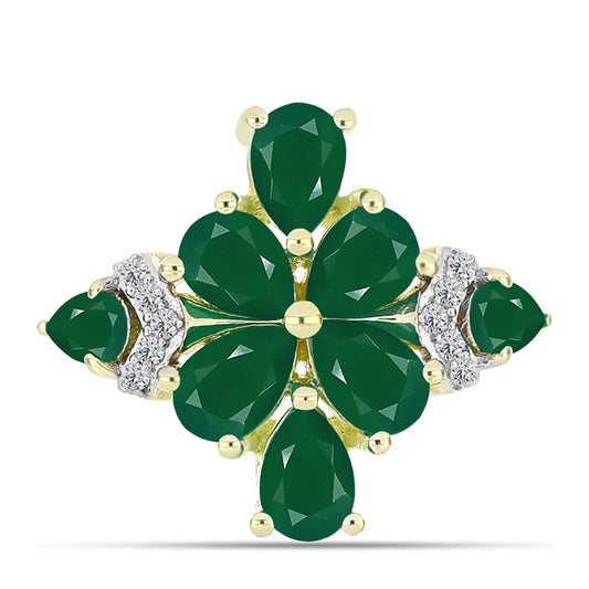 Anel de Prata com Banho de Ouro com Ágata Verde e Topázio Branco  Contraste: Cabeca de Veado (800)