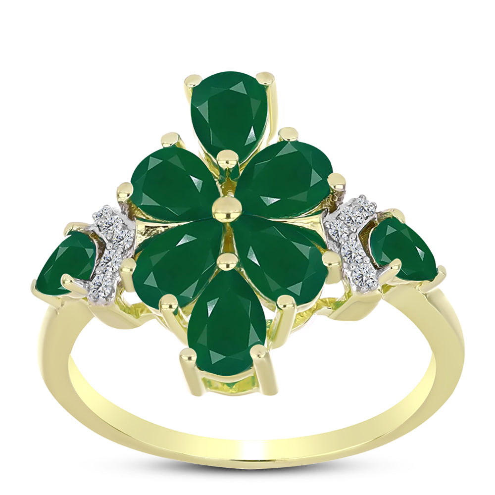 Anel de Prata com Banho de Ouro com Ágata Verde e Topázio Branco  Contraste: Cabeca de Veado (800)