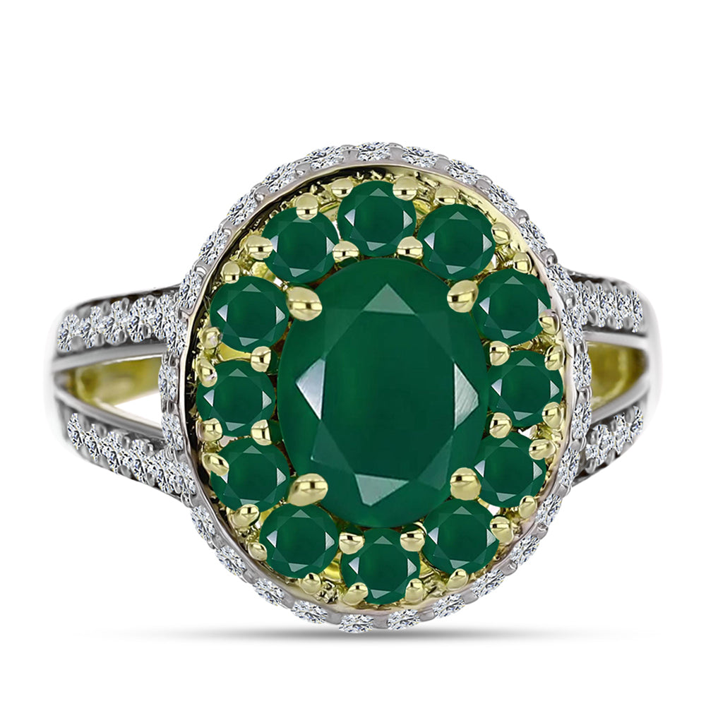 Anel de Prata com Banho de Ouro com Ágata Verde e Topázio Branco  Contraste: Cabeca de Veado (800) 1 