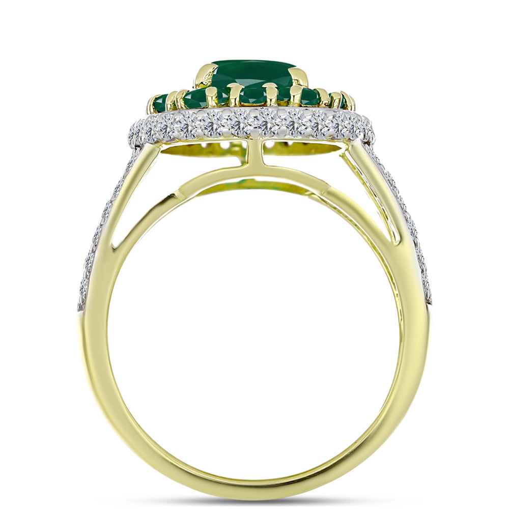 Anel de Prata com Banho de Ouro com Ágata Verde e Topázio Branco  Contraste: Cabeca de Veado (800)