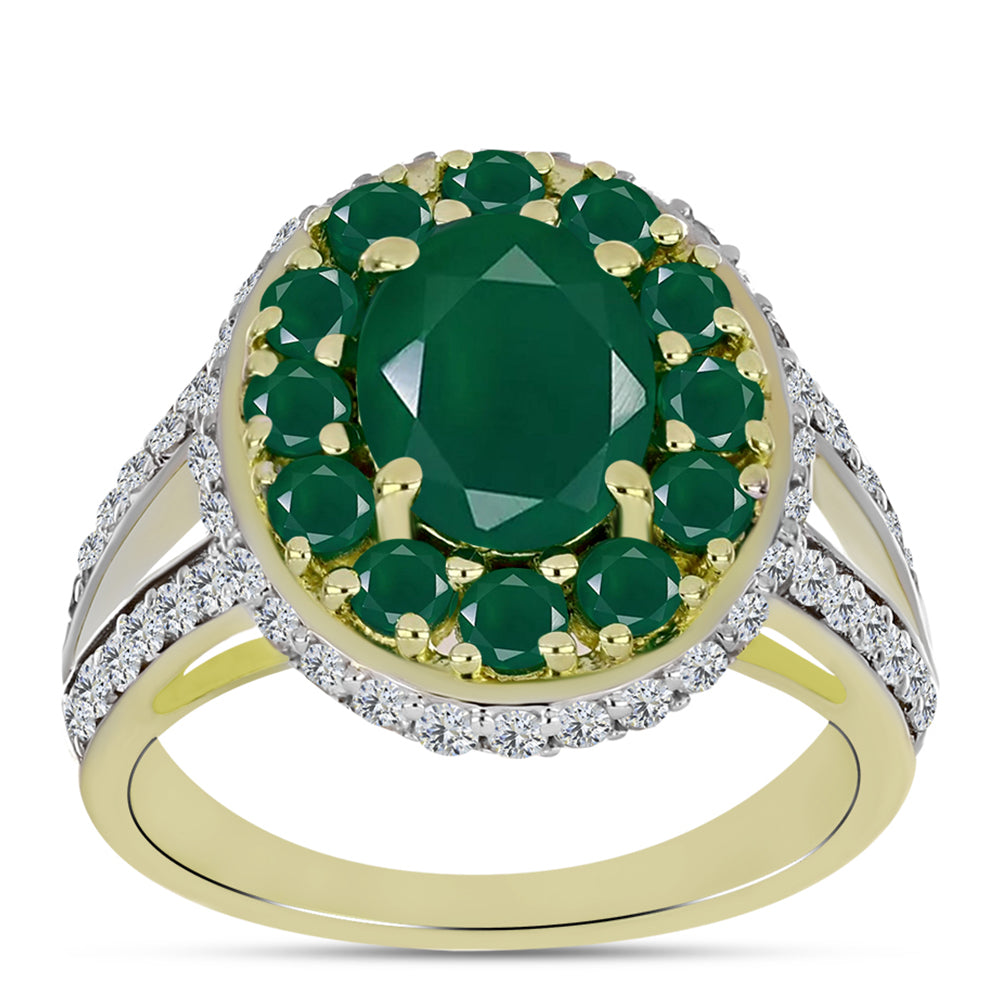 Anel de Prata com Banho de Ouro com Ágata Verde e Topázio Branco  Contraste: Cabeca de Veado (800)