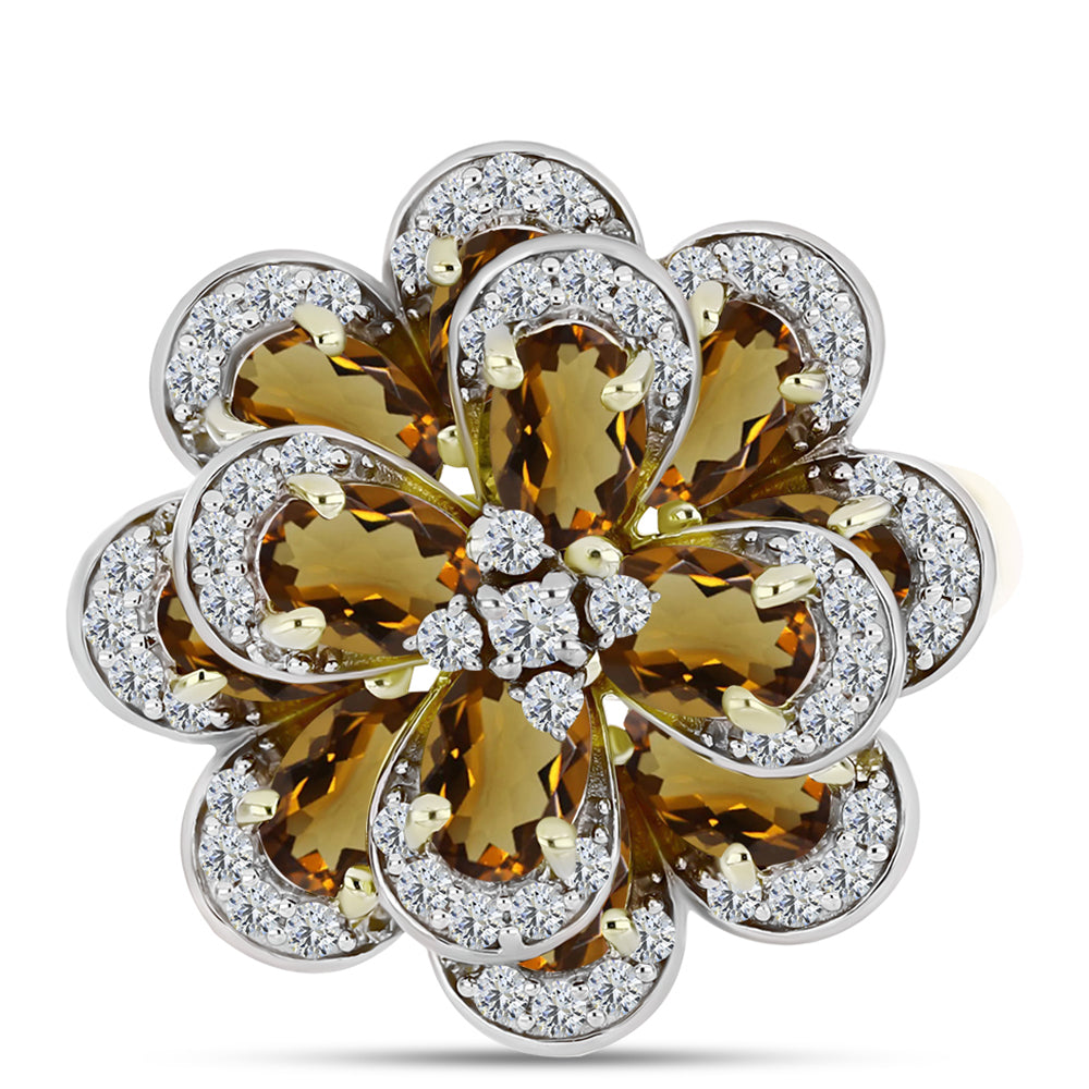 Anel de Prata com Banho de Ouro com Quartzo Cognac e Topázio Branco  Contraste: Cabeca de Veado (800) 1 