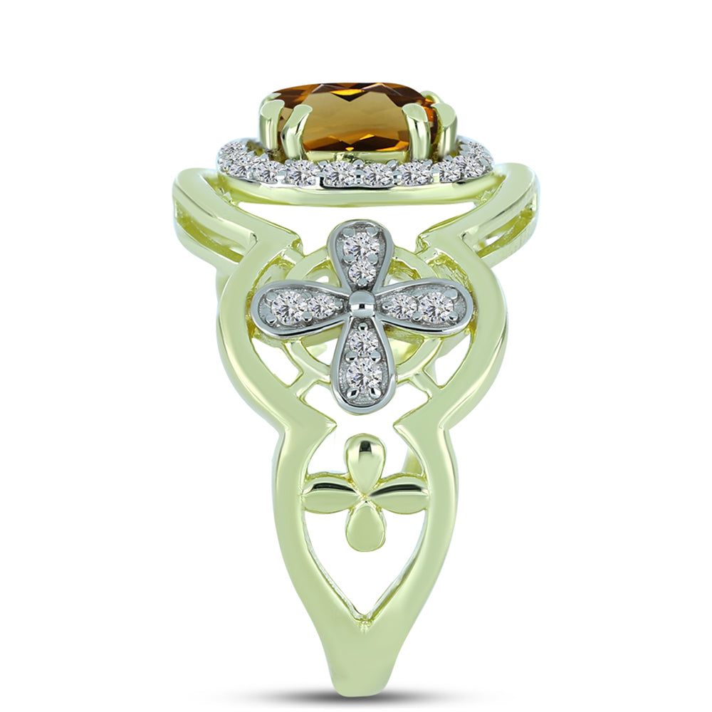Anel de Prata com Banho de Ouro com Quartzo Cognac e Topázio Branco  Contraste: Cabeca de Veado (800) 4 