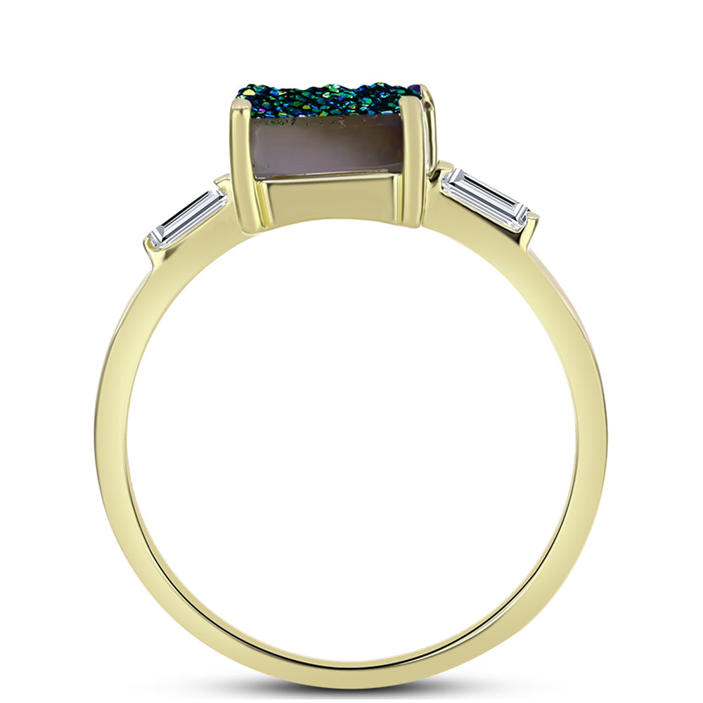 Anel de Prata com Banho de Ouro com Drusy Verde e Topázio Branco