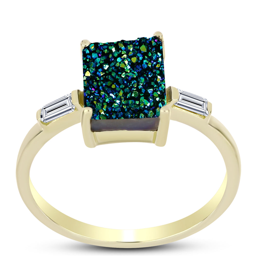 Anel de Prata com Banho de Ouro com Drusy Verde e Topázio Branco 3 