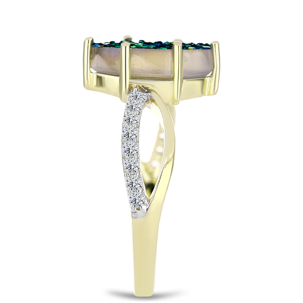 Anel de Prata com Banho de Ouro com Drusy Verde e Topázio Branco
