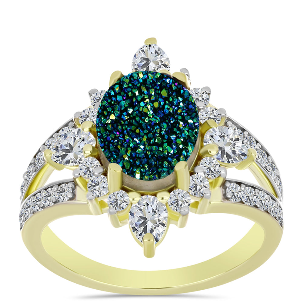 Anel de Prata com Banho de Ouro com Drusy Verde e Topázio Branco  Contraste: Cabeca de Veado (800)
