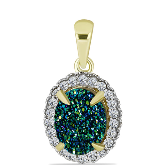 Pendente de Prata com Banho de Ouro com Drusy Verde e Topázio Branco