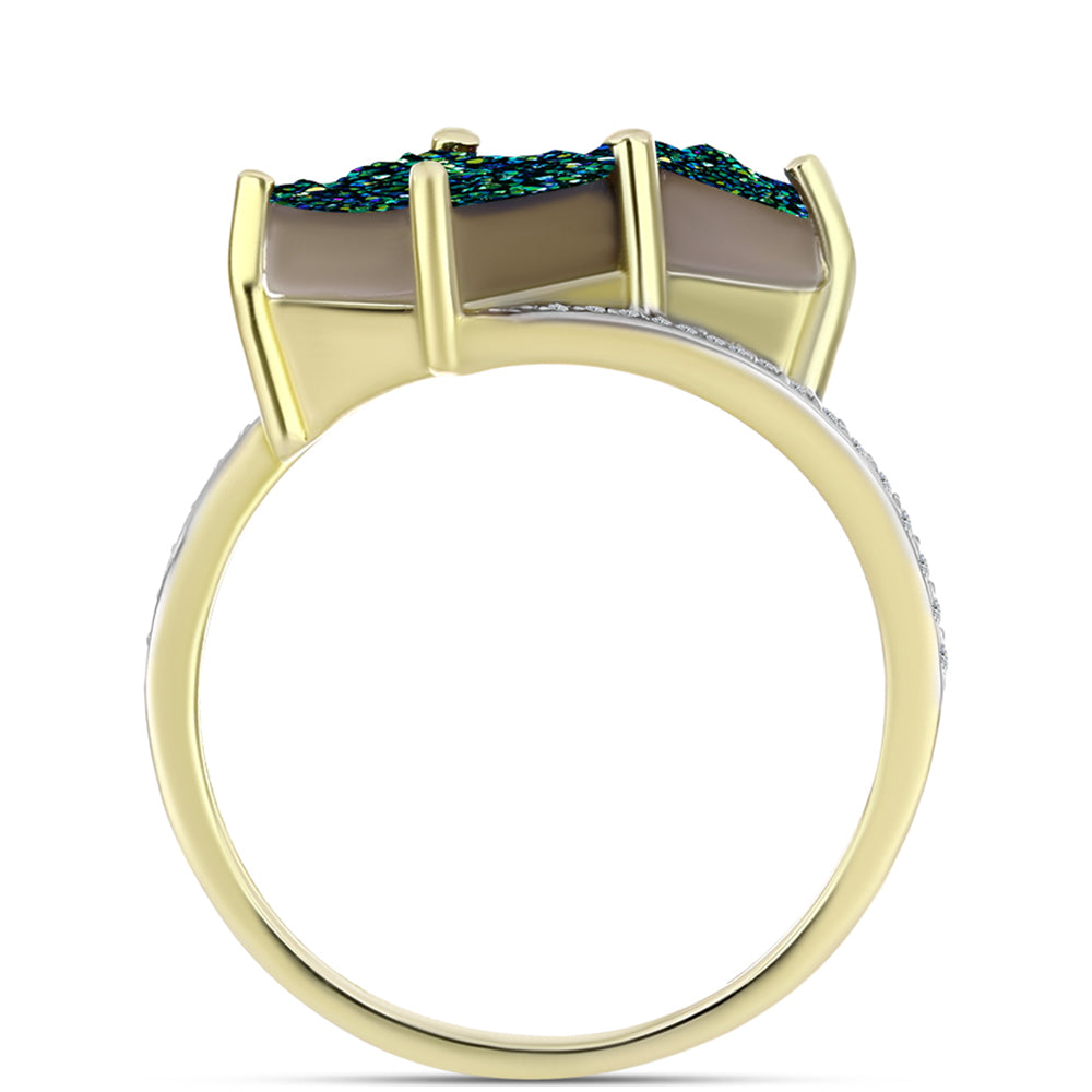Anel de Prata com Banho de Ouro com Drusy Verde e Topázio Branco  Contraste: Cabeca de Veado (800)